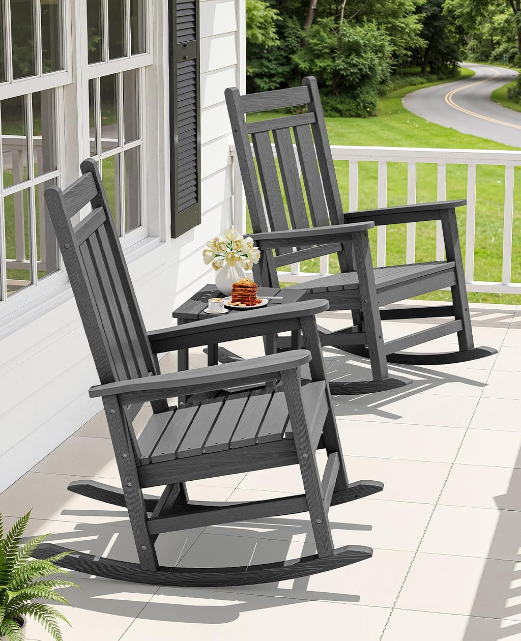 KINGYES Oversized Outdoor Rocking Chair Set of 4, All-Weather Patio Rocking Chairs for Porch, HDPE Outdoor Patio Rockers with High Back & Wide Seat for Garden, Lawn, Gray