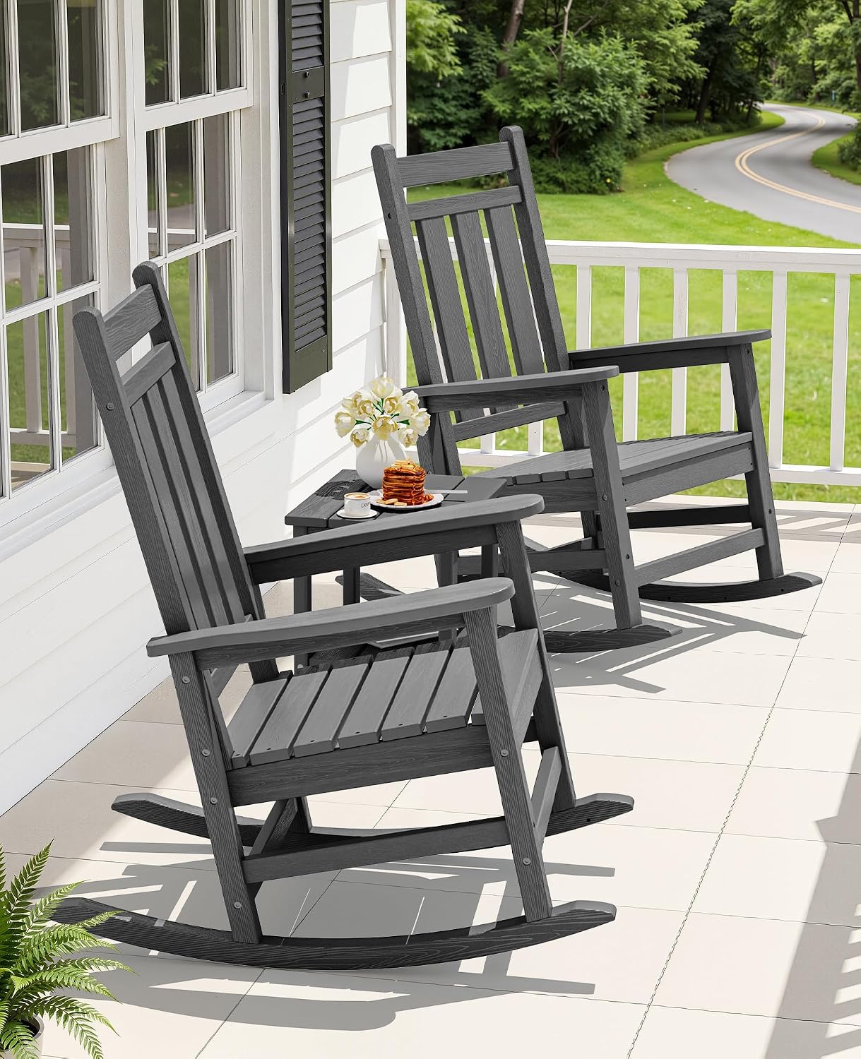 KINGYES Oversized Outdoor Rocking Chair Set of 4, All-Weather Patio Rocking Chairs for Porch, HDPE Outdoor Patio Rockers with High Back & Wide Seat for Garden, Lawn, Gray