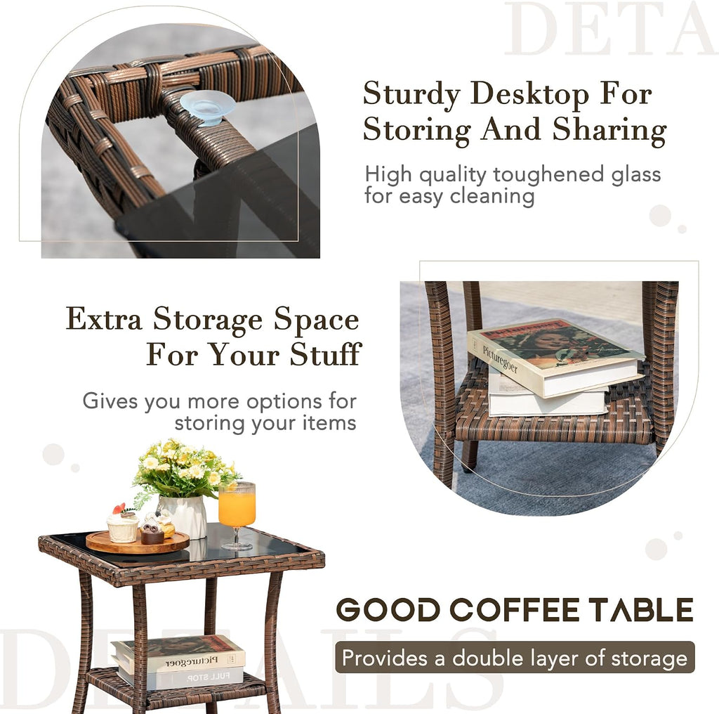 Devoko Outdoor Rocking Chairs 3 Piece Patio Furniture Set with Side Table & Cushions, Wicker Porch Rocker Bistro Set High Back for Balcony, Backyard, Garden (Beige)