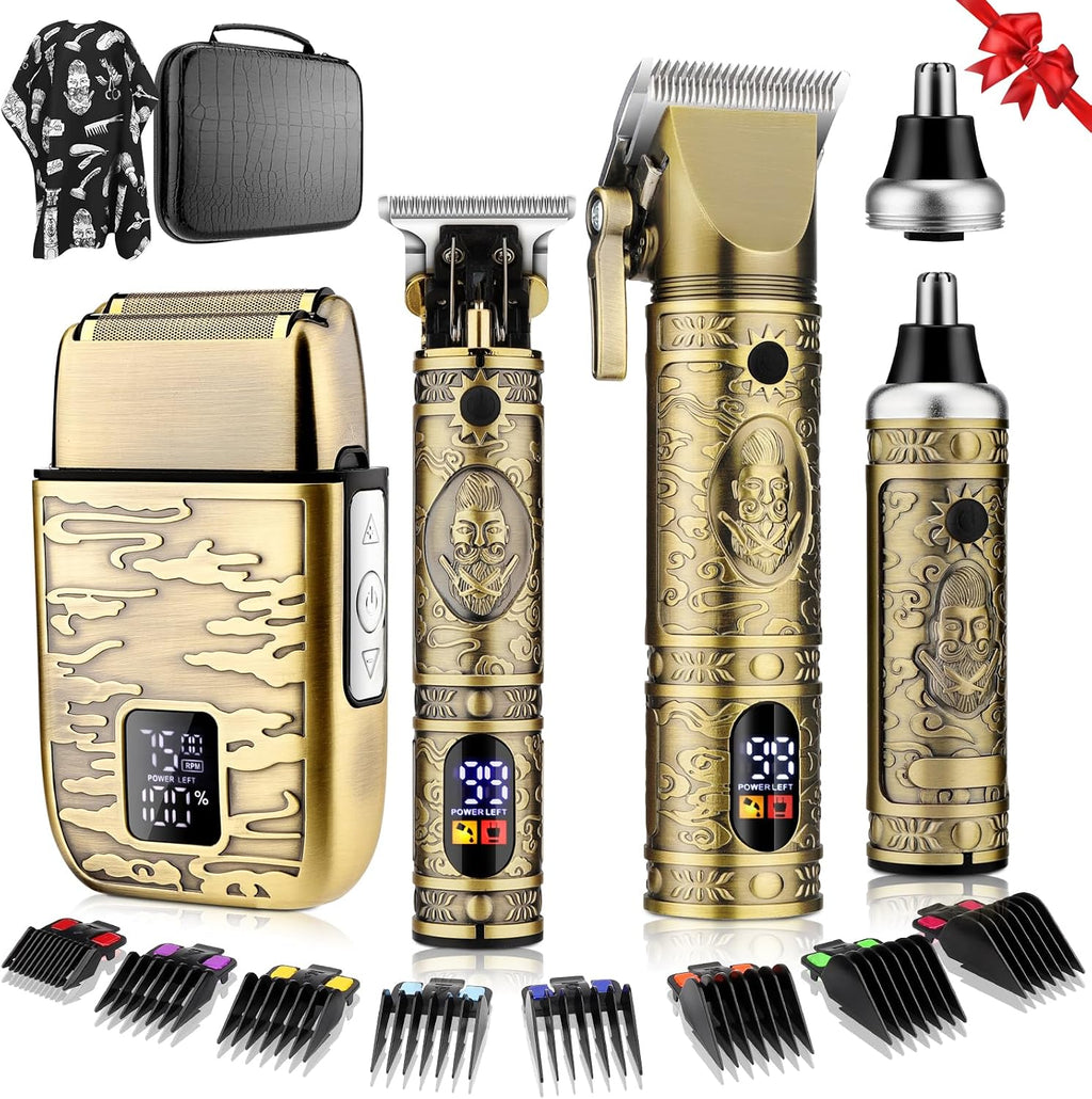 QREEYX Hair Clippers for Man T-Blade Trimmer Nose Hair Trimmer Electric Shaver Set, Professional Metal Body Barber Clippers Set for Haircut, Men's Grooming Kit with LCD Display, Ideal Gift for Him