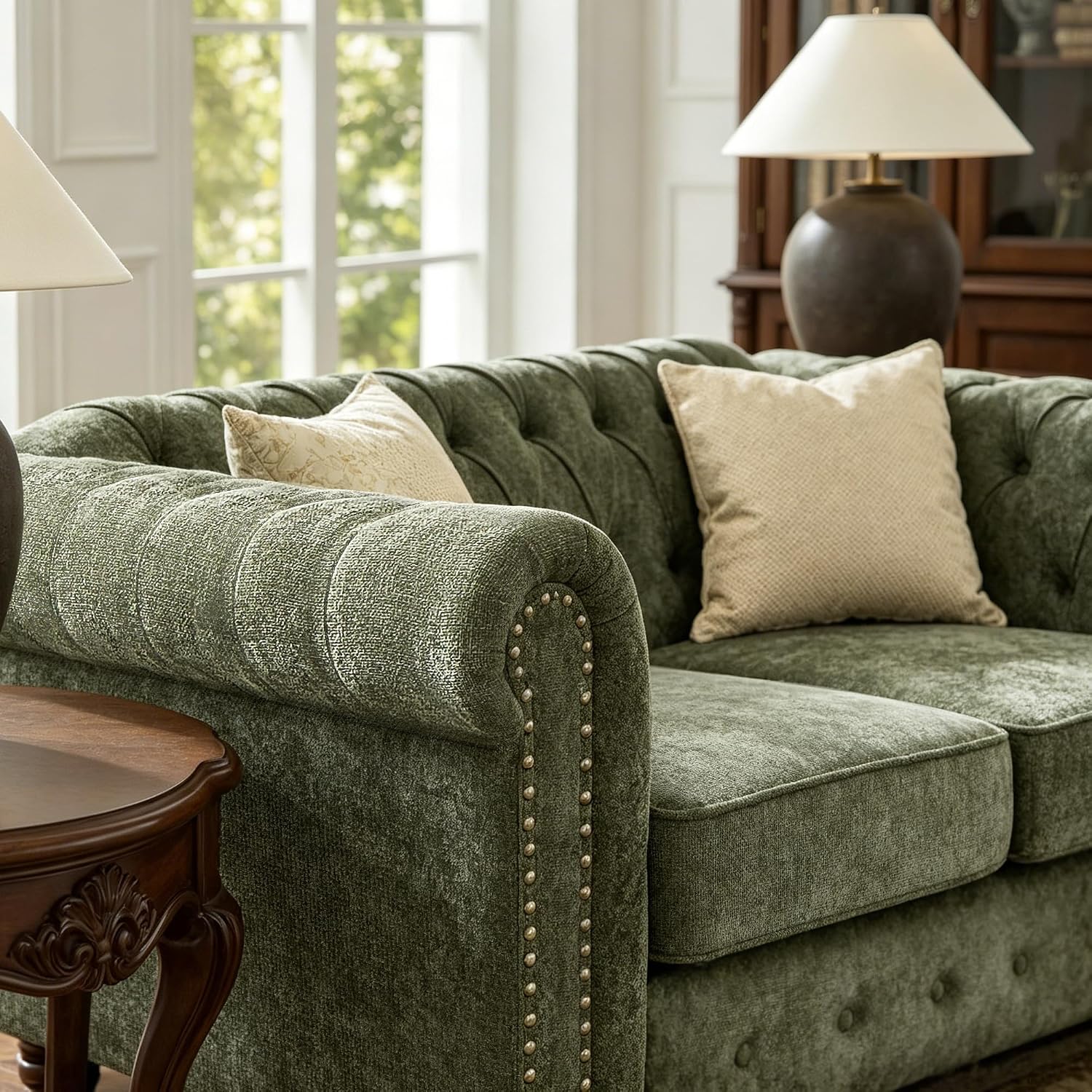 Modern Chesterfield 2-Piece Chenille Sofa & Armchair Combo, Tufted Couch and Accent Chair with Rolled Arms Nailhead Trim and Solid Wood Legs Traditional Upholstered Sofa Set for Living Room Home Green