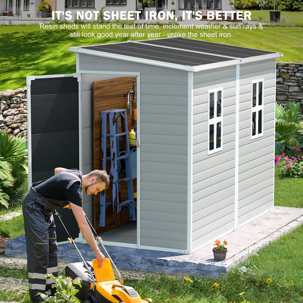 CDCASA 4x8 FT Resin Lean to Shed, Waterproof Outdoor Storage Sheds with Floor Included & Lockable Door & Window, Outside Plastic Tool Shed for Backyard, Patio,Garden, Poolside,Sloped Roof, Grey