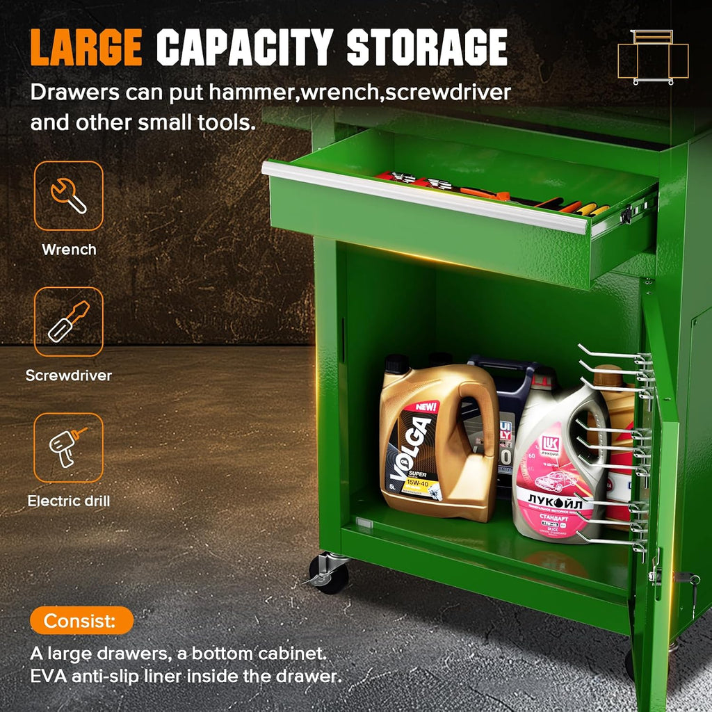Crownland 5-Drawer Rolling Tool Chest with Wheels, Lockable 2 in 1 Detachable Tool Cabinet wit Drawers and Black Liners, Garage Top Toolbox & Bottom Storage Cart with Side Hooks(Green)
