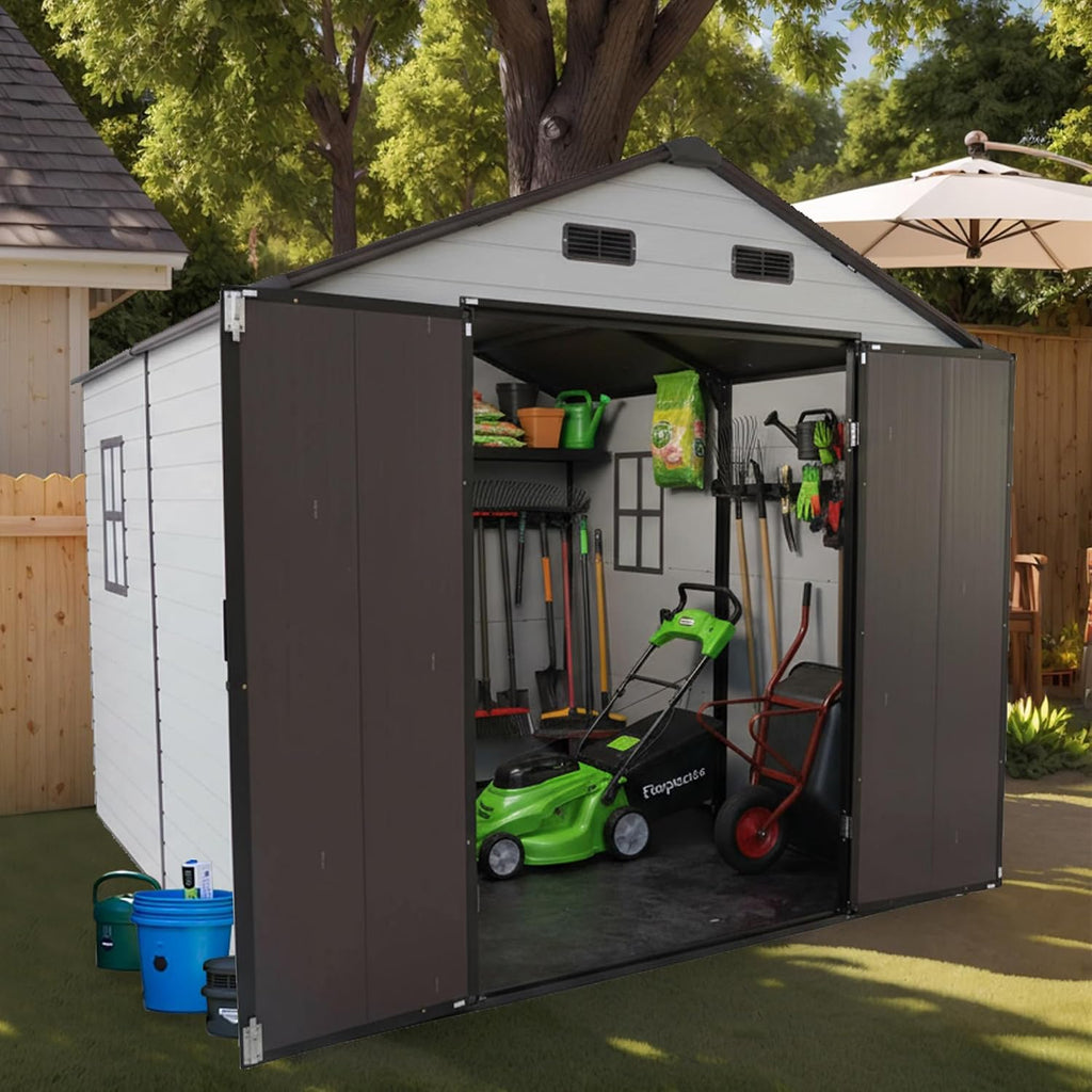 Outdoor Storage Shed, 8x8x7.6FT Plastic Storage Shed with 2 Windows and Strong Aluminum Frame for Garden Tools, Bike, Lawnmower, White and Brown