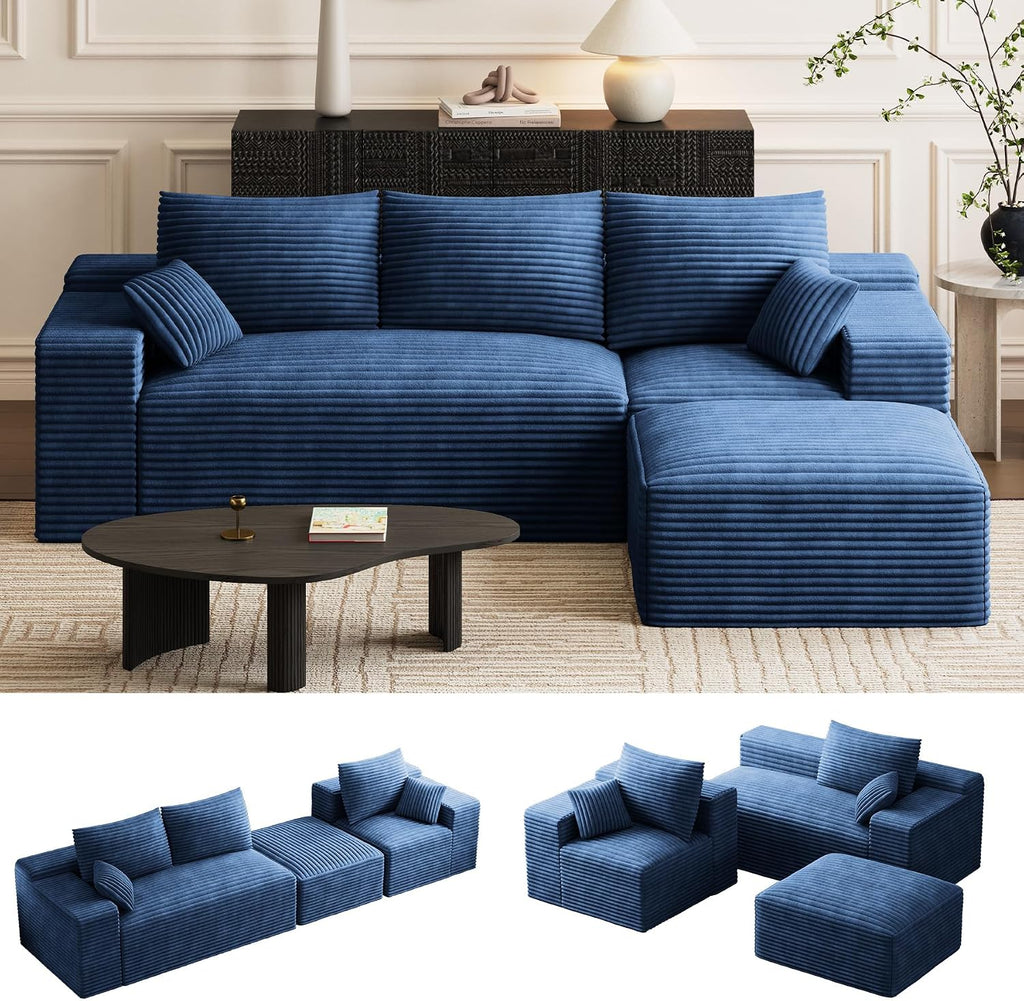 108' Oversized L-Shaped Sectional Couches for Living Room, Comfy Fluffy Corduroy Blue Boneless Cloud Couch with Ottoman, Plush Memory Foam Modular Sectional Sofa for Small Spaces