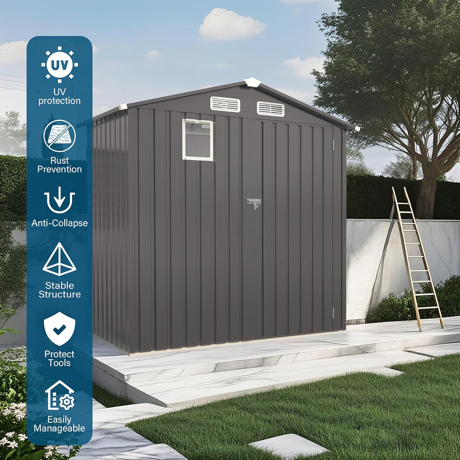 Outdoor Storage Shed 6 x 3.6 FT Metal Tool Shed with Peaked Roof, Metal Garden Shed Anti-Corrosion Storage House with Clear Window, Lockable Door for Backyard, Patio, Sundries, Gray (Clear Window)