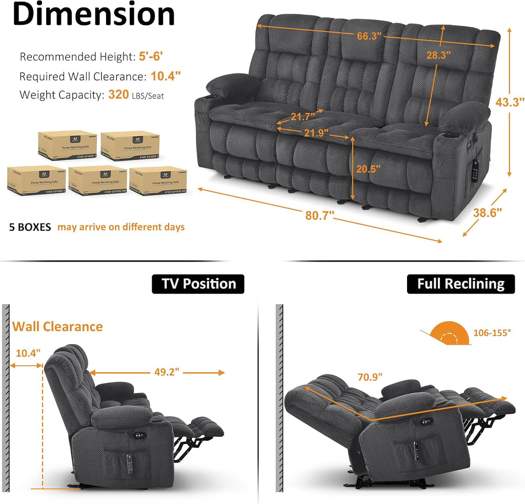 MCombo 80.7' W 3 Seater Power Reclining Sofa with Heat and Vibration Massage, Zero Gravity Recliner Sofa Couch for Living Room, Fabric 6316M3 (Dark Grey, 3-Seater)