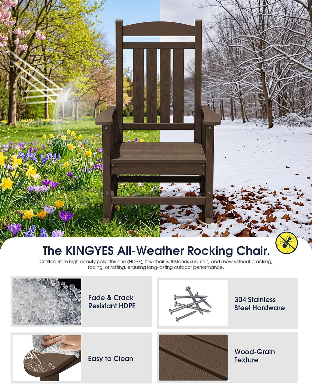 KINGYES Oversized HDPE Rocking Chairs Outdoor, Patio Rocking Chairs with 330lbs Support, Smooth Porch Rocker for Deck Lawn Yard, Coffee Brown