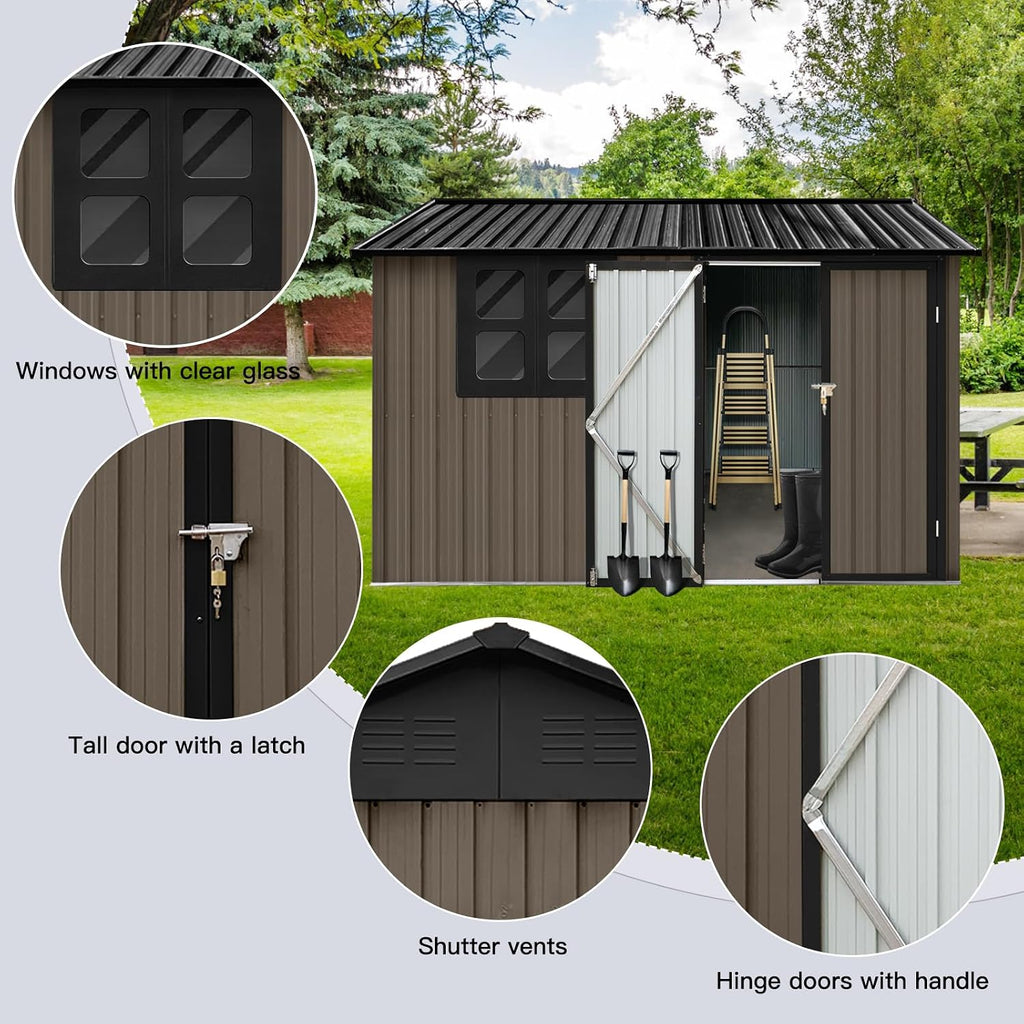 Ball & Cast 6x8 FT Metal Frame Garden Sheds with Lockable Doors and Window,Outdoor Single-Storey Roofed Storage Shed,w/Waterproof Roofs,for Storing Bicycles,Lawnmowers,Barbeques,Brown