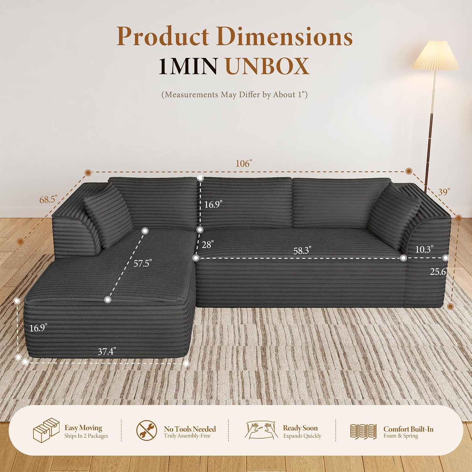 Vesgantti 106' Boneless Couch with Chaise, Deep Seat Comfy Cloud Modular Sofa Corduroy Memory Foam Sectional Couches for Living Room Bedroom, No Assembly Required (Grey, Left-Facing Chaise)