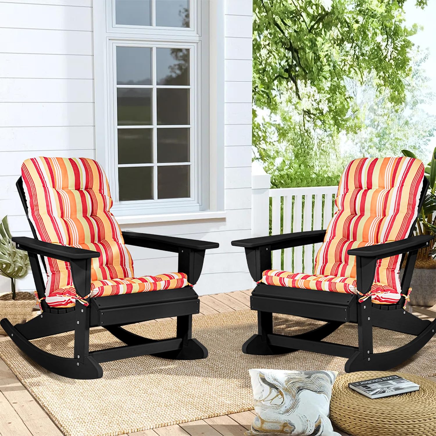 Sundale Outdoor Adirondack Rocking Chair with Cushion, HDPE Patio Plastic All Weather Adirondack Rocker, Water Resistant for Outside, Garden, Pool, Yard, Black