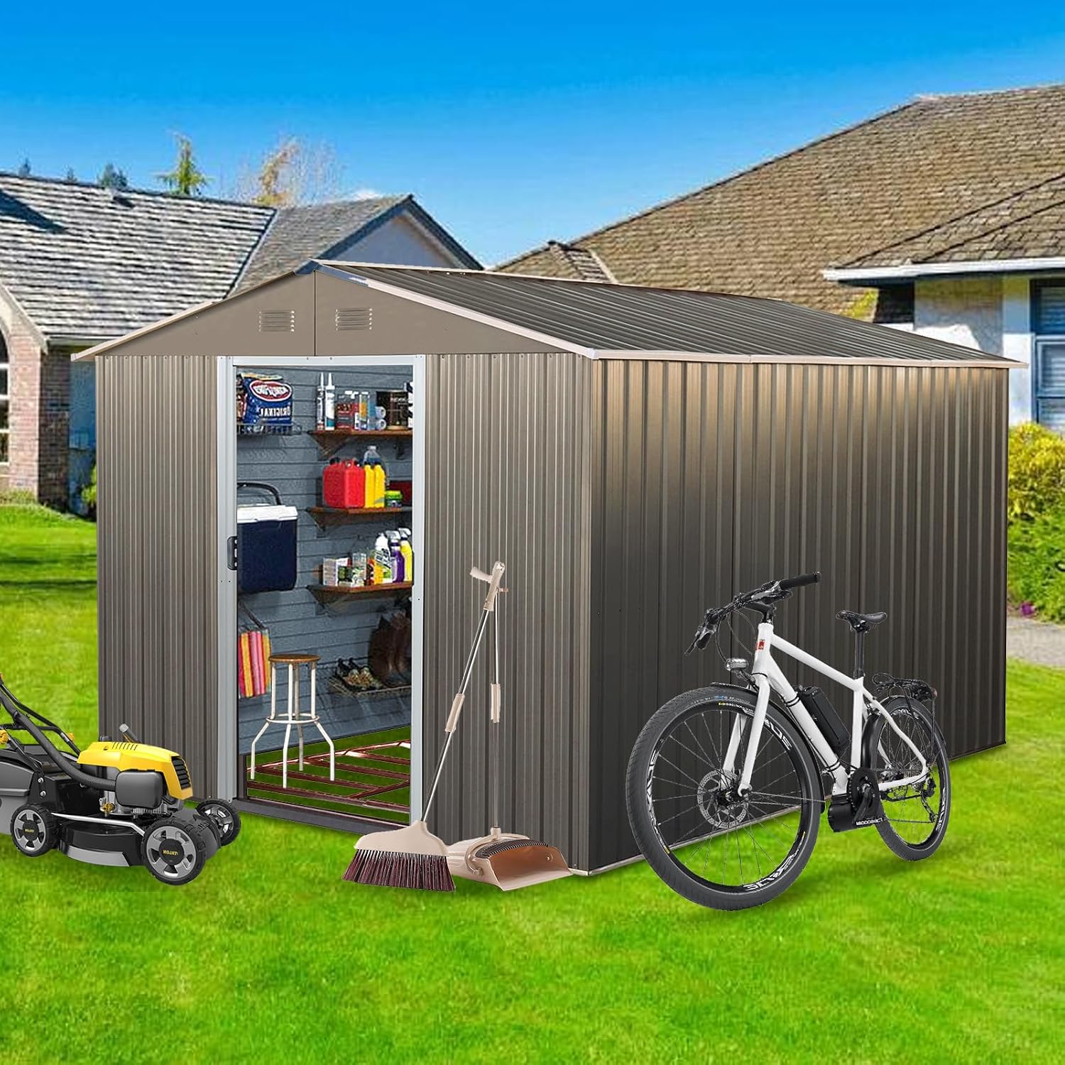 7.5ftx10ft Outdoor Storage Shed with Floor Frame, Metal Garden Shed with Sliding Doors, Waterproof Galvanized Steel Storage House for Backyard Garden, Patio (7.5 x 10 FT, Gray)