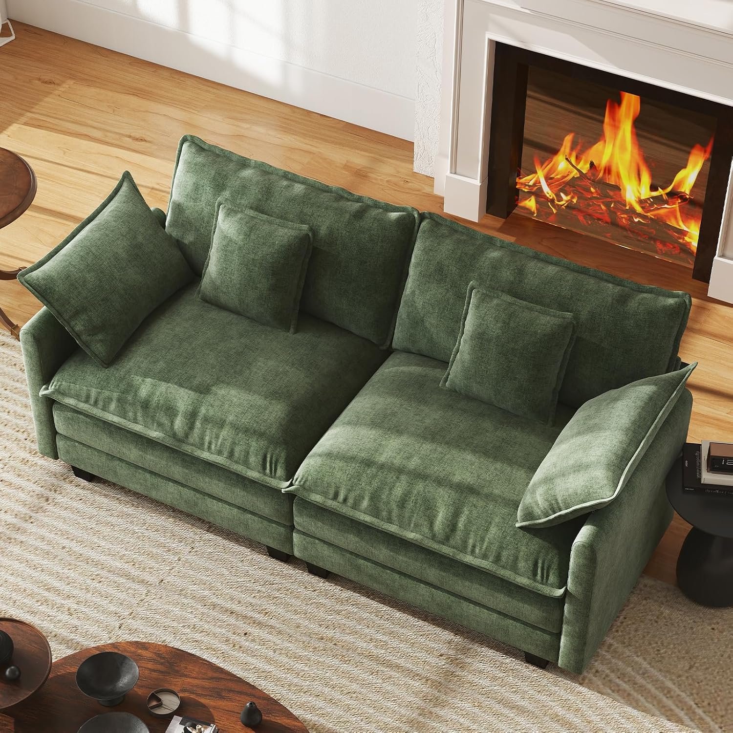 WorthFurni 77 Inch Cloud Sofa Loveseat, Comfy Sectional Couch, 2-Seater Chenille Deep Seat Sofa with Throw Pillows for Living Room Bedroom Apartment (Green)