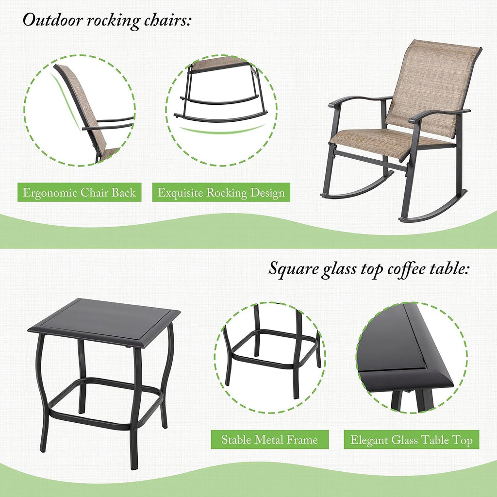 Shintenchi 3 Piece Rocking Bistro Set, Outdoor Furniture with Rocker Chairs and Glass Coffee Table Set of 3, Balcony, Porch Furniture for Small Space, Brown