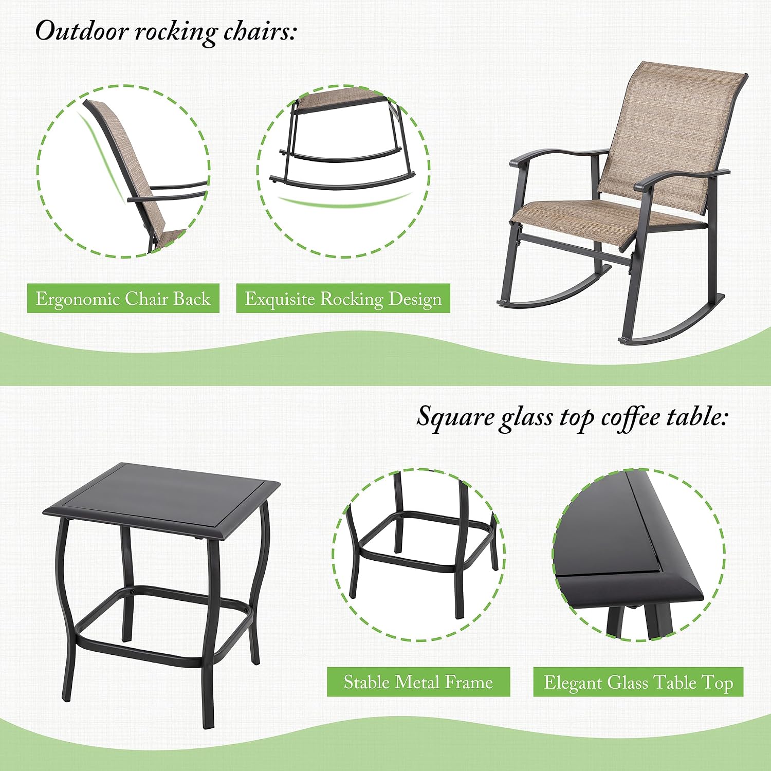 Shintenchi 3 Piece Rocking Bistro Set, Outdoor Furniture with Rocker Chairs and Glass Coffee Table Set of 3, Balcony, Porch Furniture for Small Space, Brown
