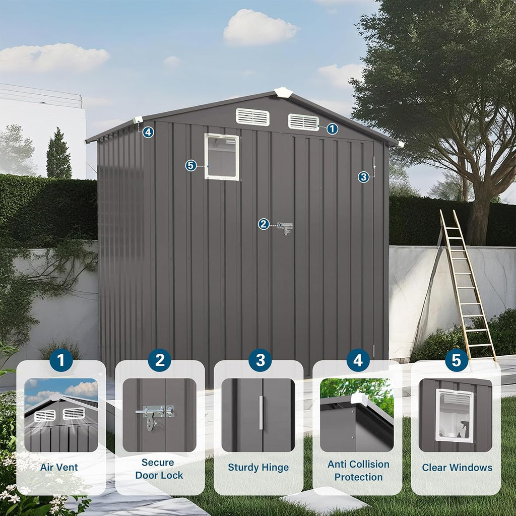 Outdoor Storage Shed 6 x 3.6 FT Metal Tool Shed with Peaked Roof, Metal Garden Shed Anti-Corrosion Storage House with Clear Window, Lockable Door for Backyard, Patio, Sundries, Gray (Clear Window)
