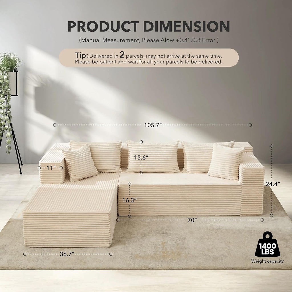 Modular Sectional Sofa Cloud Sectional Couch, 106' Comfy L Shaped Black Couches for Living Room,Oversized Sofa Sleeper with Deep Seat, No Assembly Required