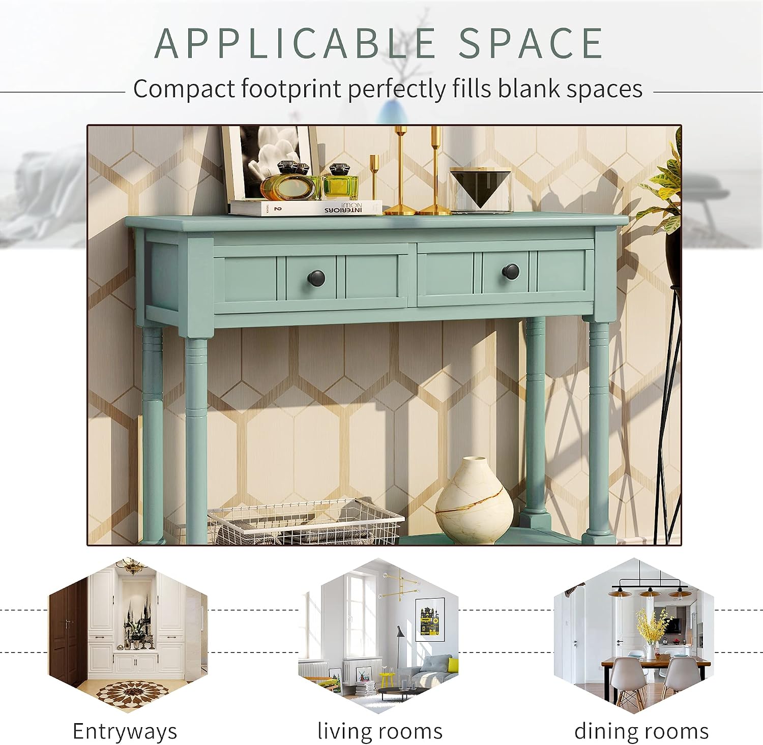 Bellemave Console Table with Drawers, Retro Entryway Table with 2 Drawers and Open Storage Shelf, Narrow Long Sofa Table, Behind Couch Table for Living Room, Foyer and Hallway, Retro Blue