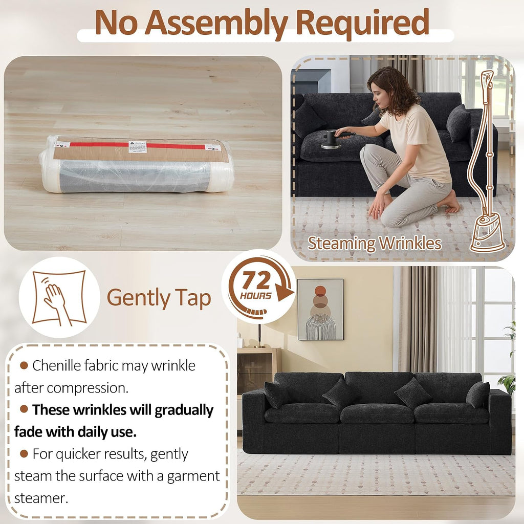 115''Cloud Boneless Sectional Couch, Modular Sectional Sofa Deep Seat, Oversized Upholstered Convertible Comfy 3 Seater Chenille Memory Foam Sofa Couches for Living Room, Dark