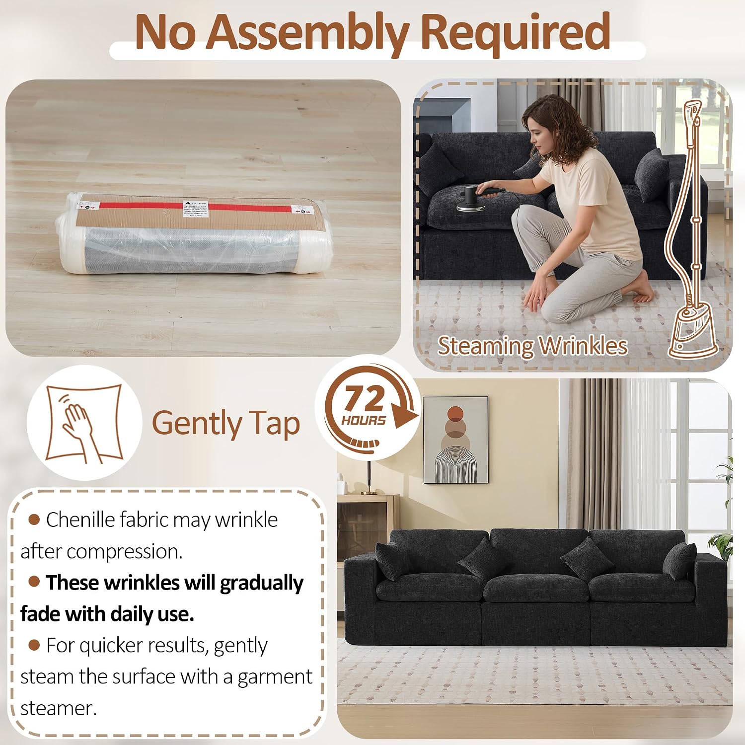 115''Cloud Boneless Sectional Couch, Modular Sectional Sofa Deep Seat, Oversized Upholstered Convertible Comfy 3 Seater Chenille Memory Foam Sofa Couches for Living Room, Dark