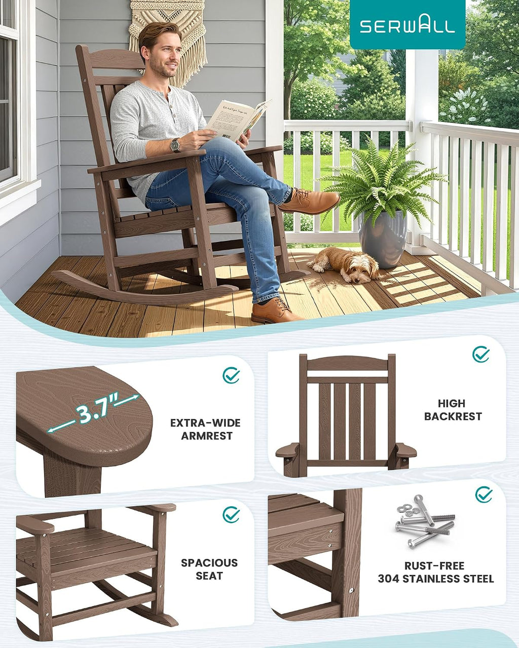 SERWALL Oversized HDPE Outdoor Rocking Chair for Adults, Heavy Duty Patio Rocking Chair, All-Weather Oversized Porch Rocker, Brown
