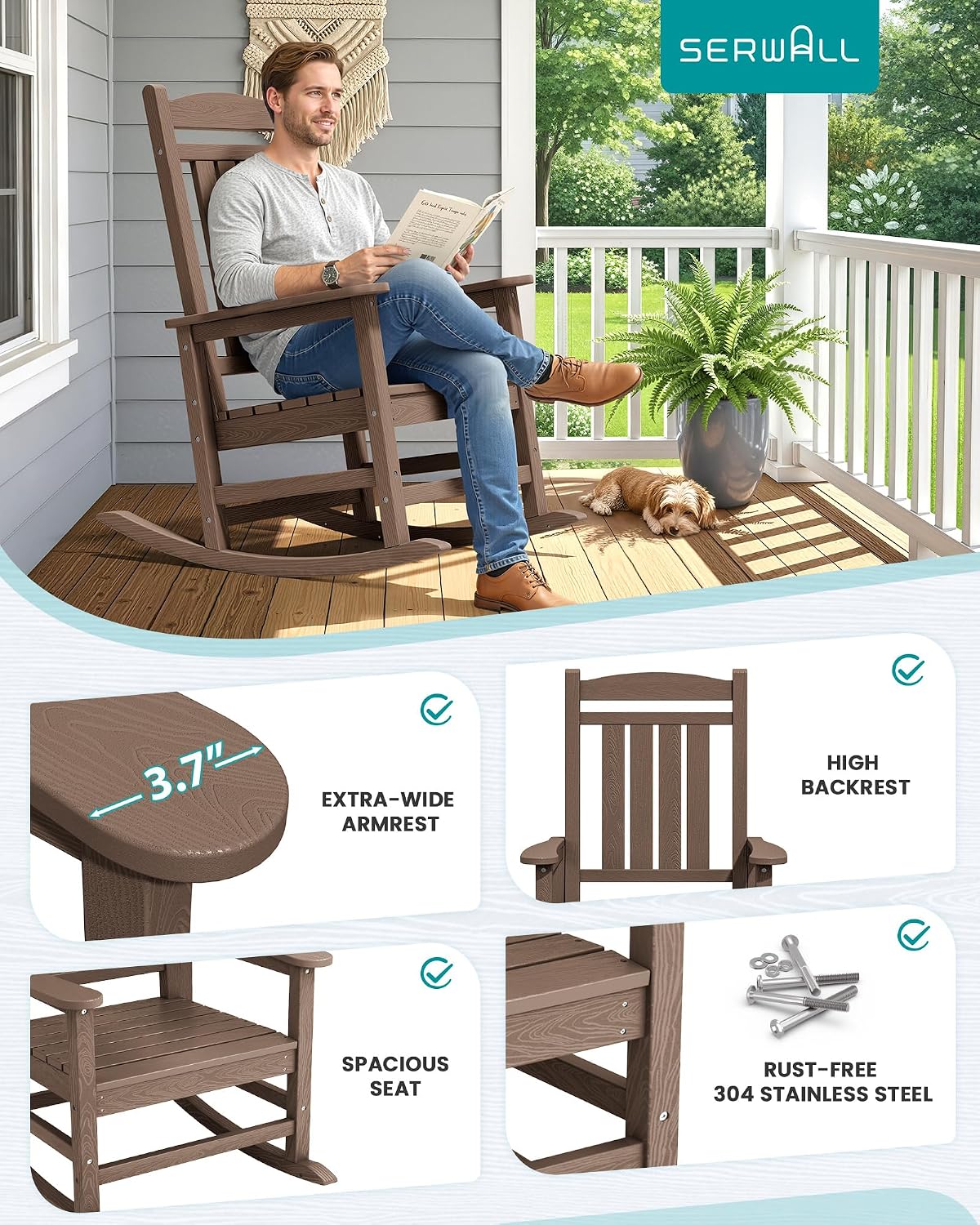 SERWALL Oversized HDPE Outdoor Rocking Chair for Adults, Heavy Duty Patio Rocking Chair, All-Weather Oversized Porch Rocker, Brown