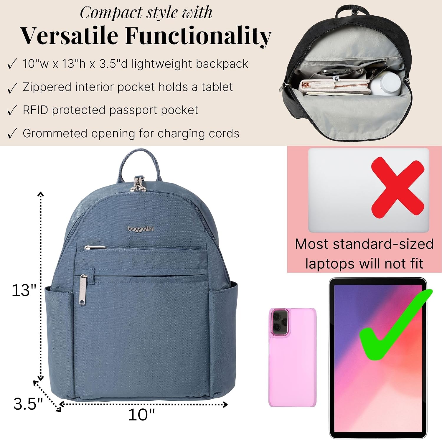 Baggallini Securtex® Anti-theft Vacation Travel Backpack 10x13 Slash-Resistant Nylon Daypack w/RFID