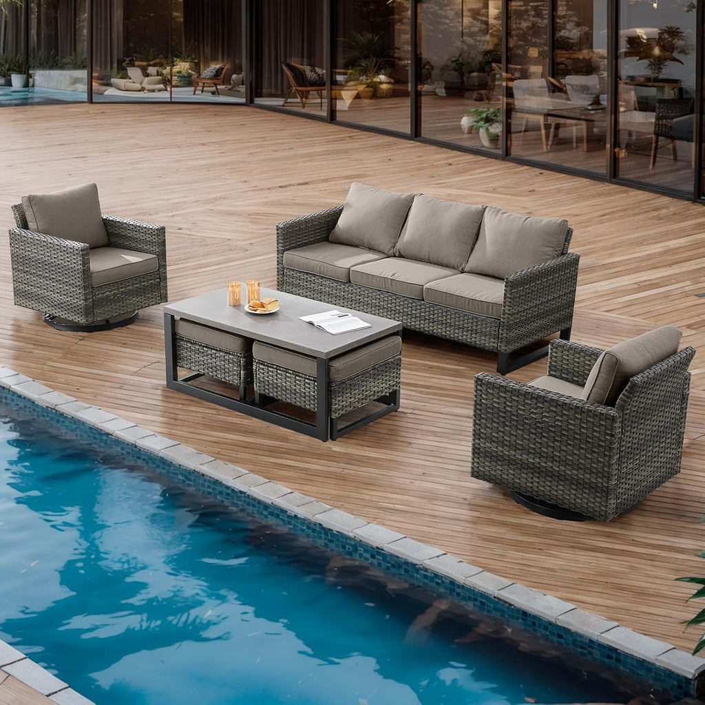 Wicker Outdoor Patio Furniture Set - 6 Piece Patio Conversation Set with 2 Swivel Rocker Chairs,2 Rattan Ottoman,1 Couch and 1 Metal Coffee Table for Outside Porch Deck Backyard(Mixed Grey/Grey)