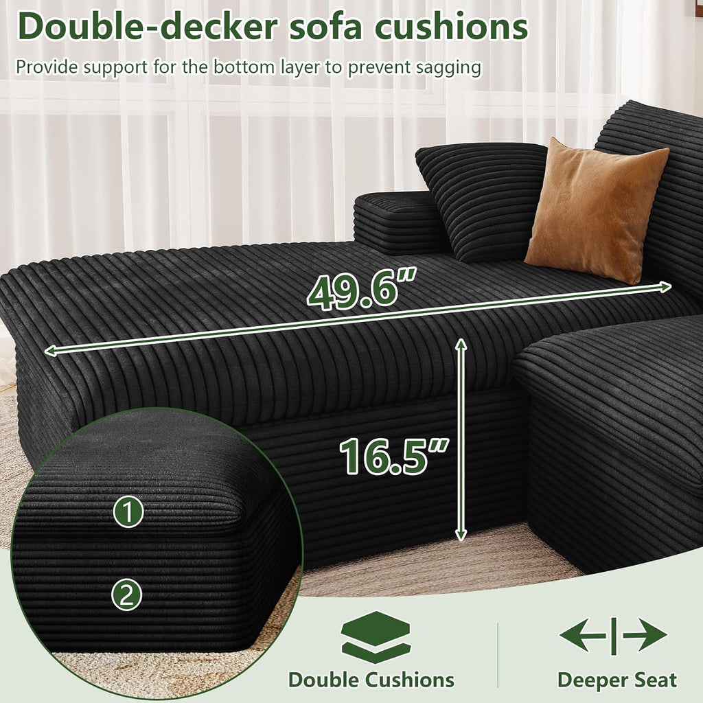 107' Cloud Couch Modular Sectional Sofa for Living Room, L-Shape Boneless Couch with Deep Seat, Modern Corduroy 3-Seater, No Assembly Required (Black,Left-Facing Chaise)