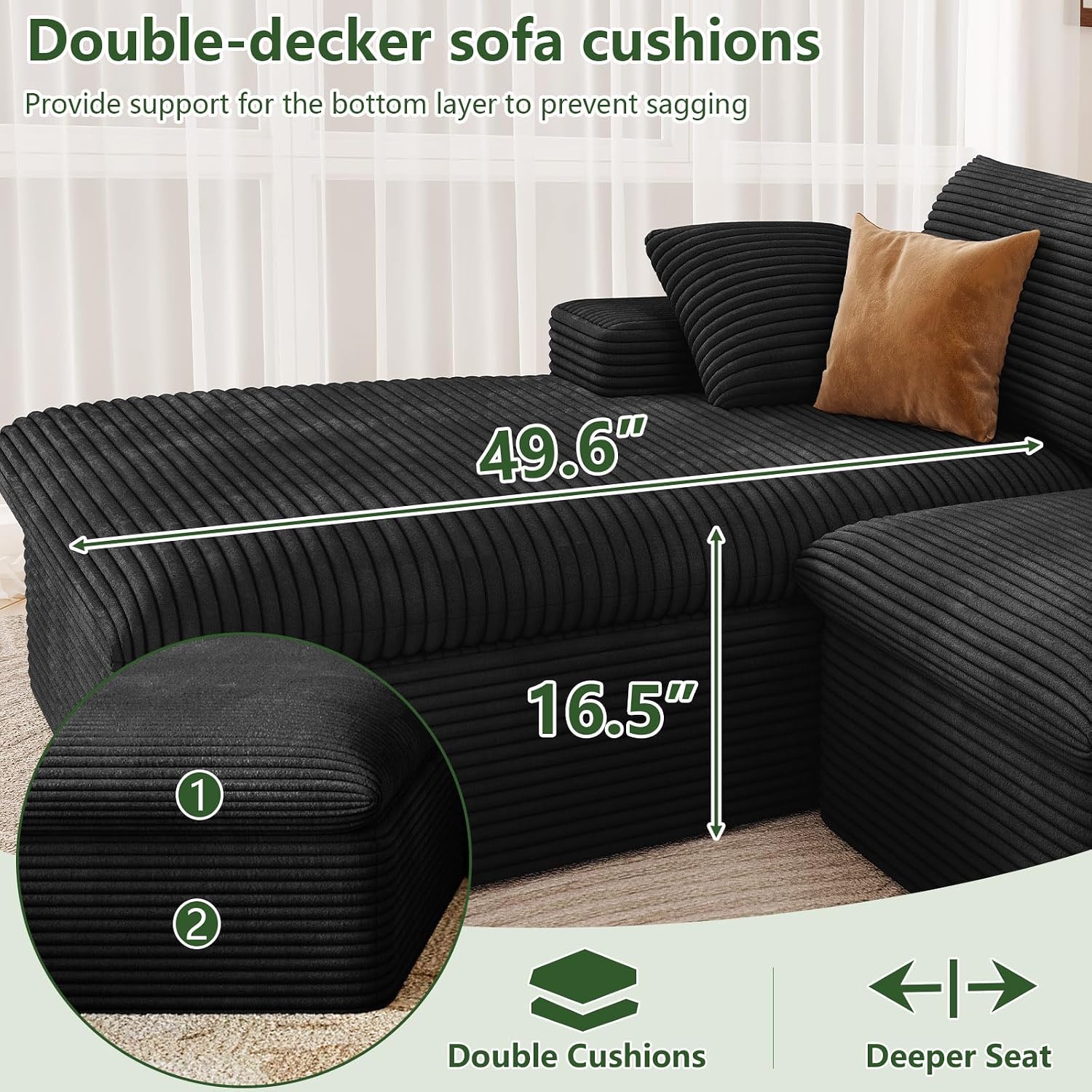 107' Cloud Couch Modular Sectional Sofa for Living Room, L-Shape Boneless Couch with Deep Seat, Modern Corduroy 3-Seater, No Assembly Required (Black,Left-Facing Chaise)