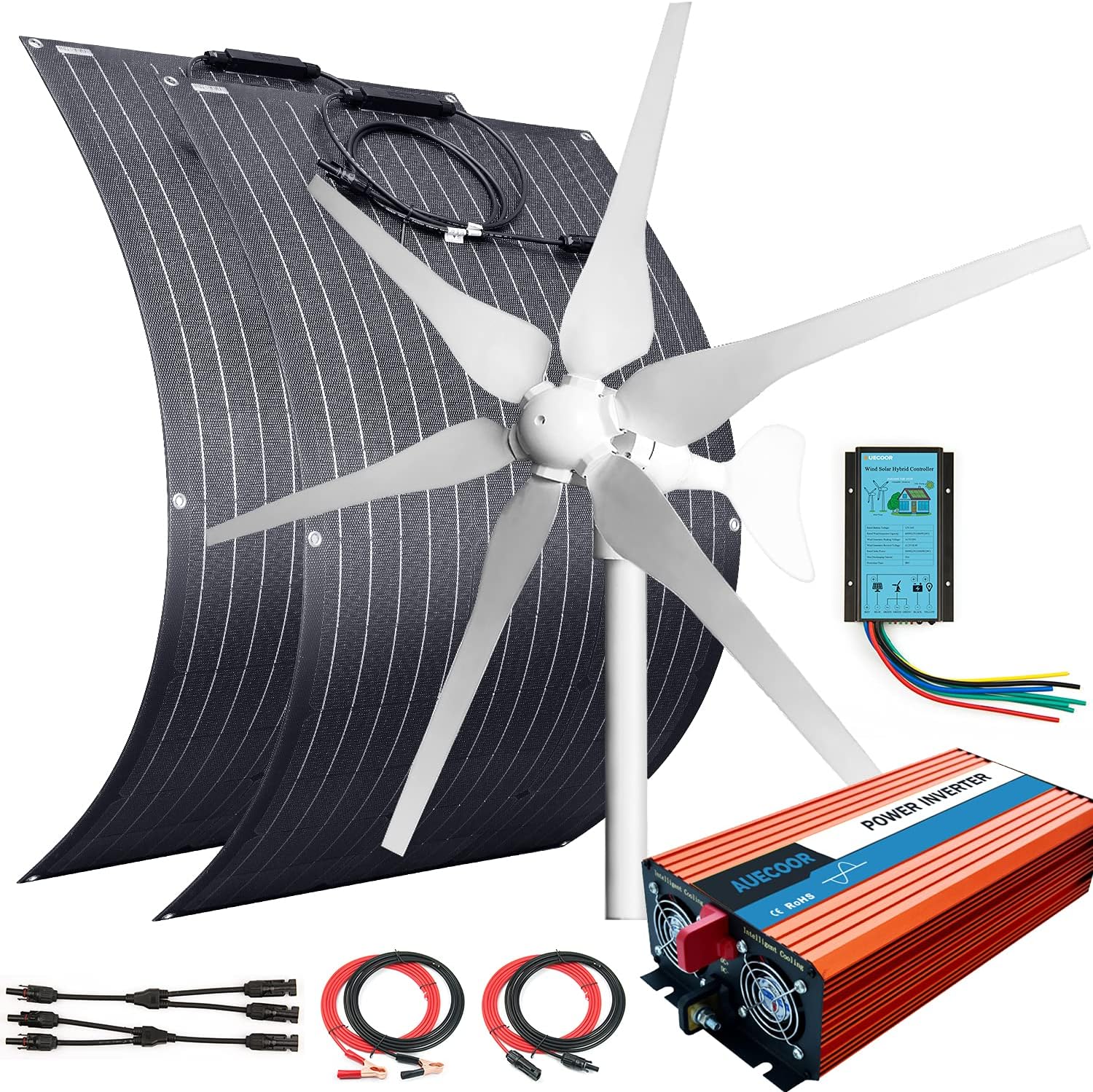 600W Wind Solar Kit Off Grid System 12V Battery Charger :2X 100W ETFE Flexible Mono Solar Panel + 400W Wind Turbine Generator + Solar Wind Hybrid Charge Controller + 1500W Inverter Peak 3000W