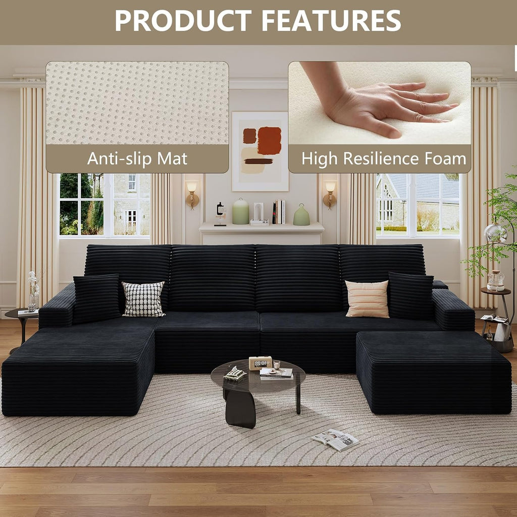 135' Cloud Sectional Couch with U-Shaped Chaise, Corduroy Sectional Sofa with Ottoman, Boneless Couch with Deep Seat in a Box for Living Room, No Assembly Required (Black, Left Facing Chaise)