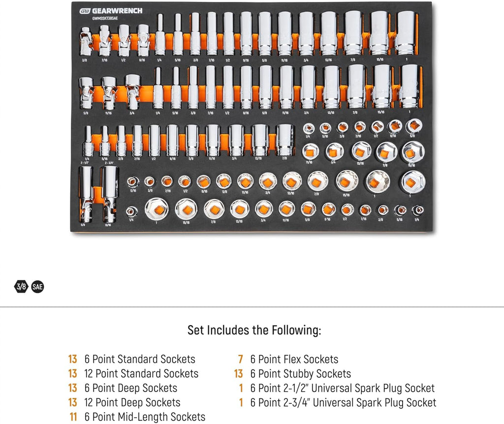 GEARWRENCH 85 Piece 3/8' Drive Master SAE Socket Set in Foam Storage Tray - GWMSSKT38SAE