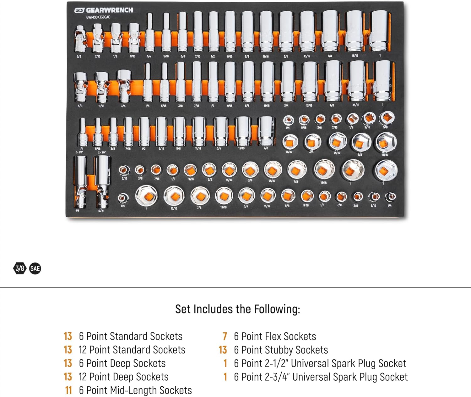 GEARWRENCH 85 Piece 3/8' Drive Master SAE Socket Set in Foam Storage Tray - GWMSSKT38SAE