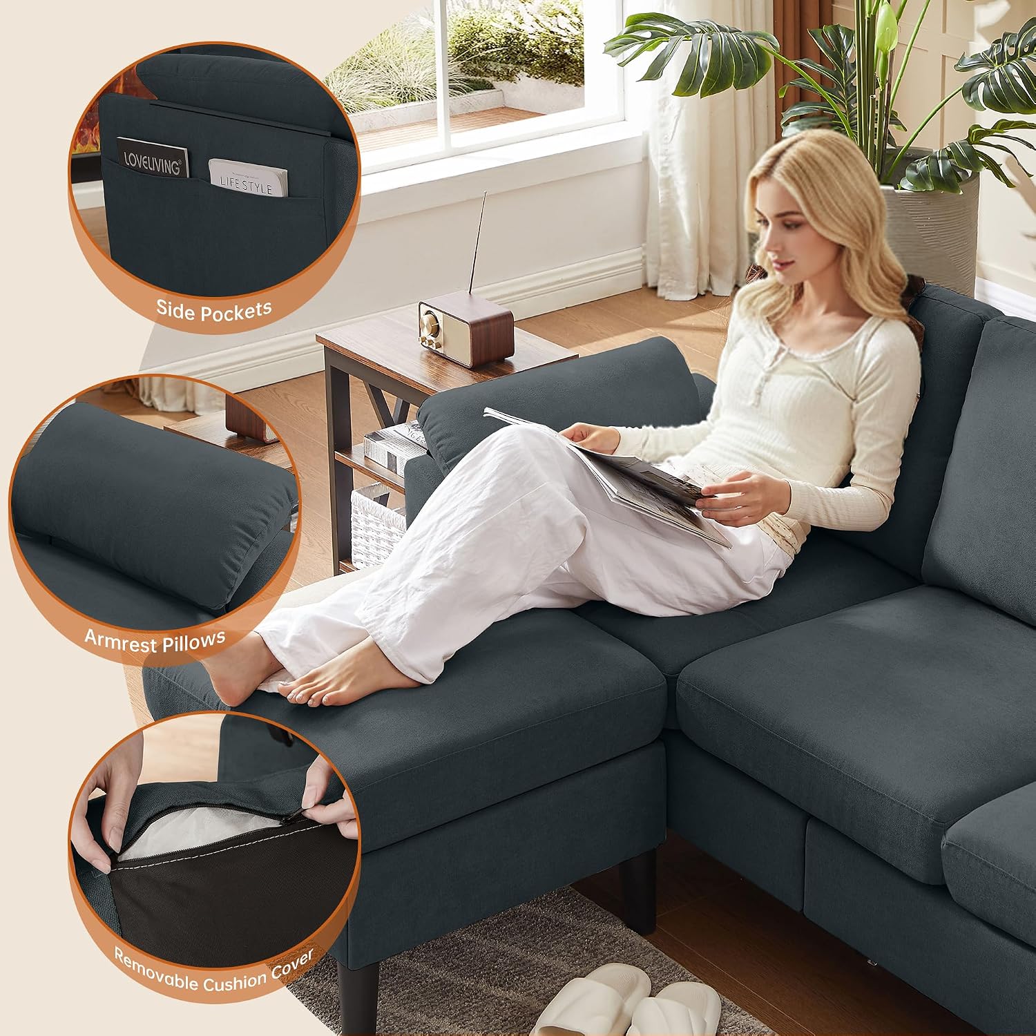 Convertible Sectional Sofa, Modern L Shaped 3-seat Sofa, 79' Linen Fabric Small Sectional Couch with Movable Ottoman, Couch for Small Spaces Living Room (Dark Grey)