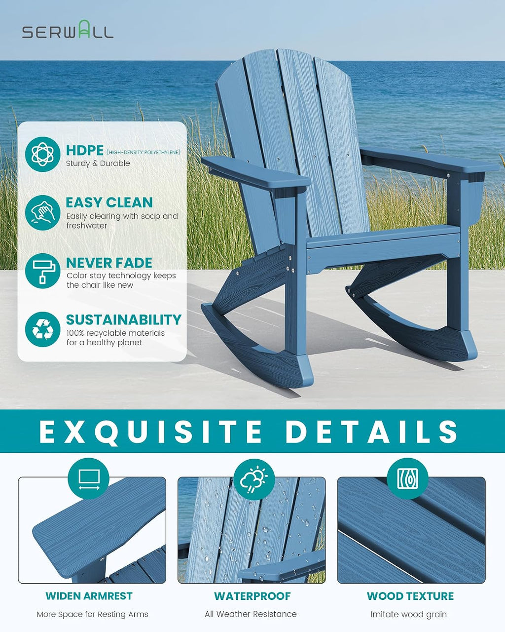 SERWALL Outdoor Adirondack Rocking Chairs Set of 2, All-Weather HDPE Adirondack Rocker Chair, Front Porch Rocker Chairs for Patio Lawn Porch Deck, Navy