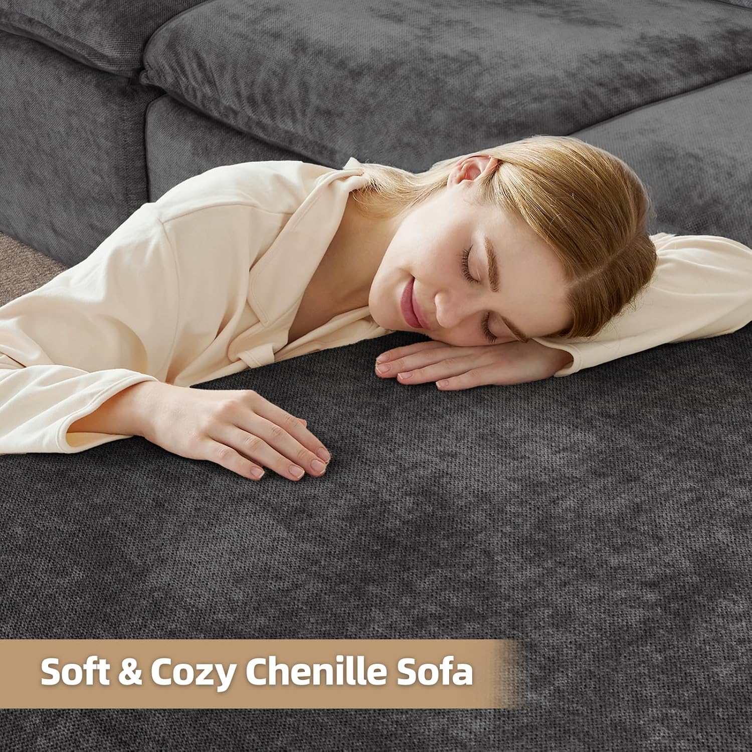 112' Cloud Couch Sectional with Padded Armrests & Moveable Ottoman Boneless Sectional Couches for Living Room Dark Grey Couch, No Assembly Required