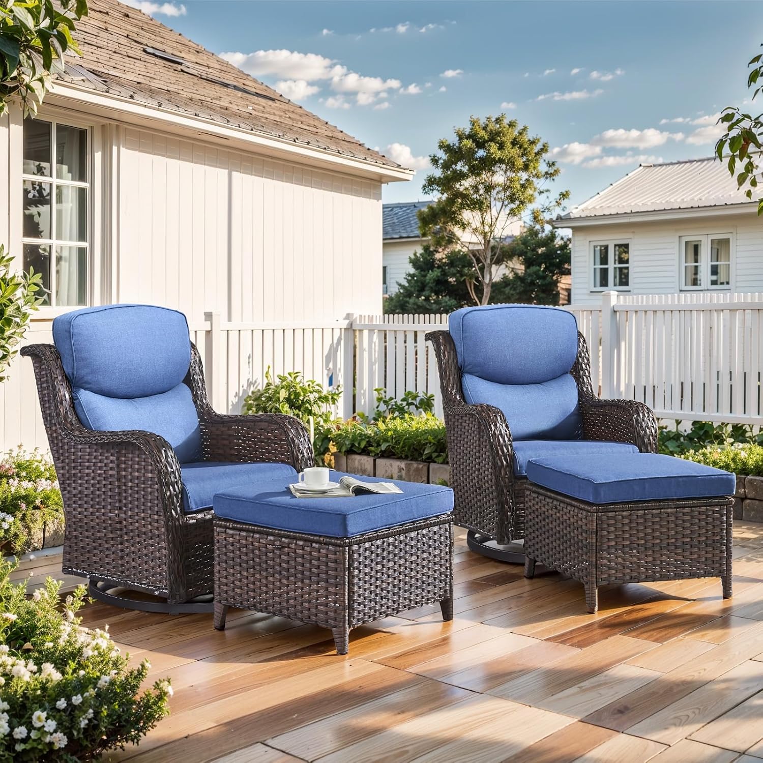 Outdoor Swivel Rocker Patio Chairs with 2 Ottomans - 5' Thick Cushion 4 Piece Furniture Set All Weather Comfortable Wicker Conversation Set for Porch Poolside and Deck - Brown-Blue