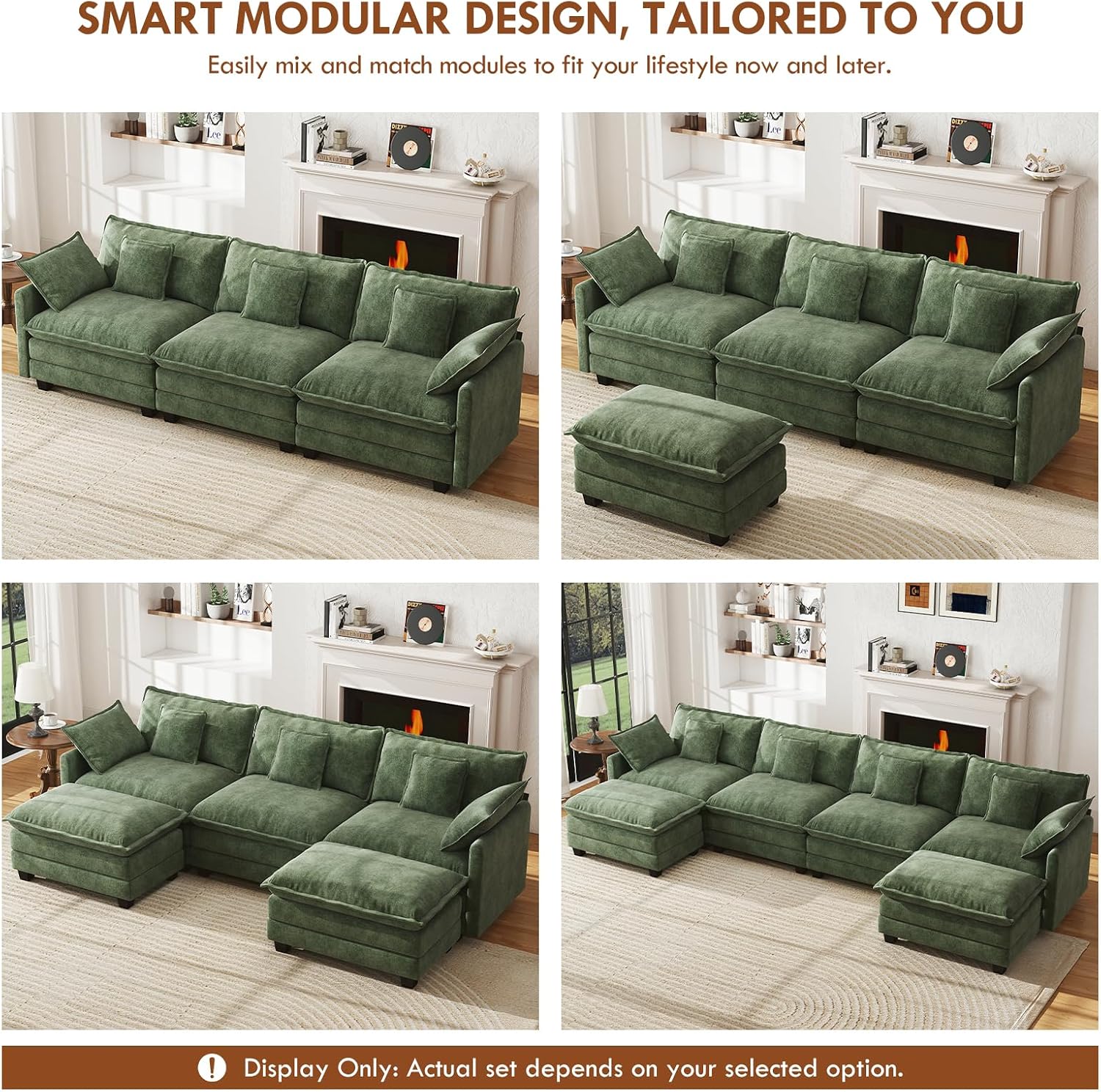 WorthFurni 77 Inch L Shape Cloud Sofa, Modular Sectional Couch with Ottoman, Comfy Chenille Deep Seat Loveseat with Pillow for Living Room Bedroom Apartment (Green)