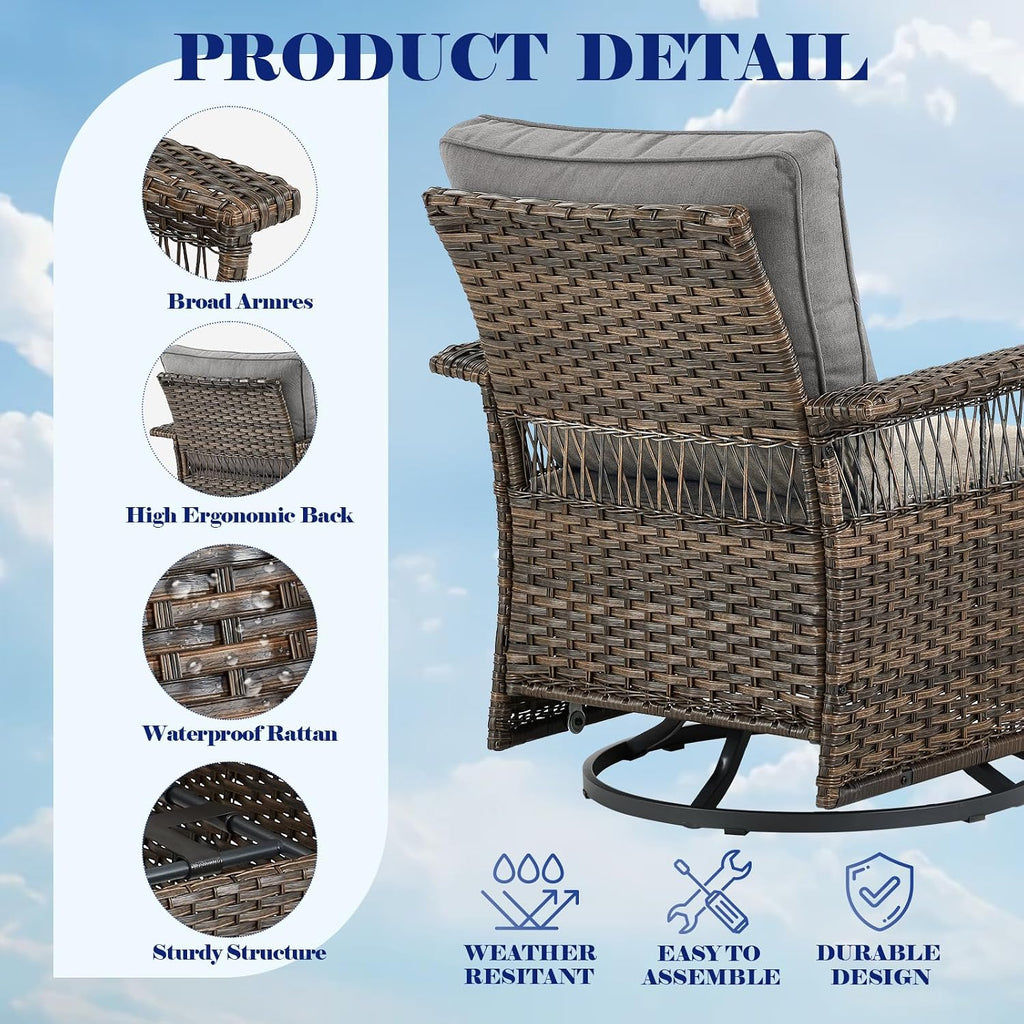 Outdoor Patio Rocking Swivel Chairs - 3PC Wicker Patio Bistro Rocker Chair Set,Rattan Glider Chair with Sturdy Frame,All-Weather PE Wicker and Cushions,1 Side Table for Deck Porch Balcony(Brown/Grey)