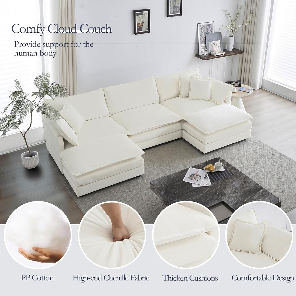 GNIXUU 111.5' Oversized Modular Sectional Sofa, Comfy Cloud Couch for Living Room, Modern Chenille Large Deep Seat U Shaped Couch with Reversible Chaise & Cushions(6 Seater, Beige White)