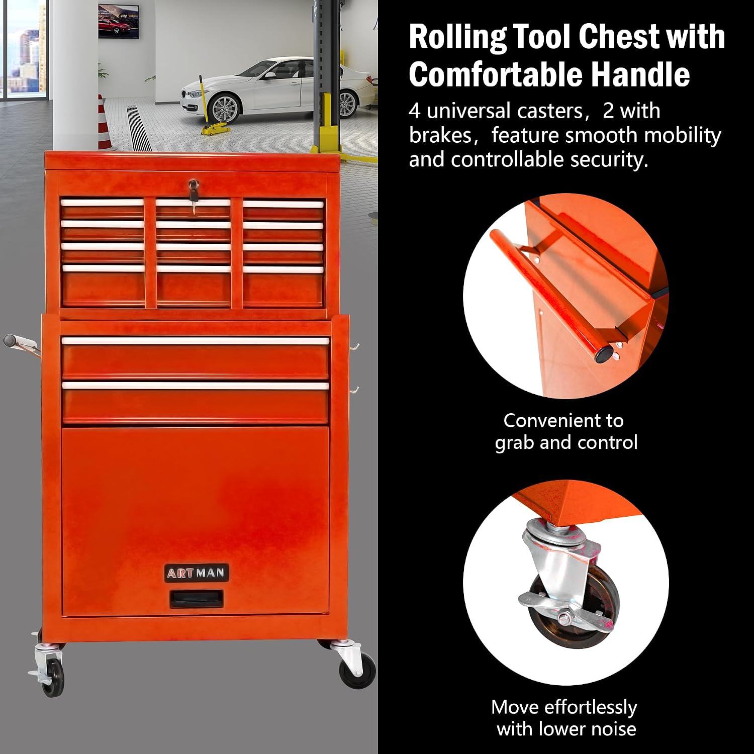 8-Drawer Tool Chest,Rolling Tool Box with Detachable Top Toolbox & Key Lock,Tool Cabinet with Universal Lockable Wheels,Lock Bar,Protective Liner,Metal Storage Cart for Garage,Workshop (Orange)