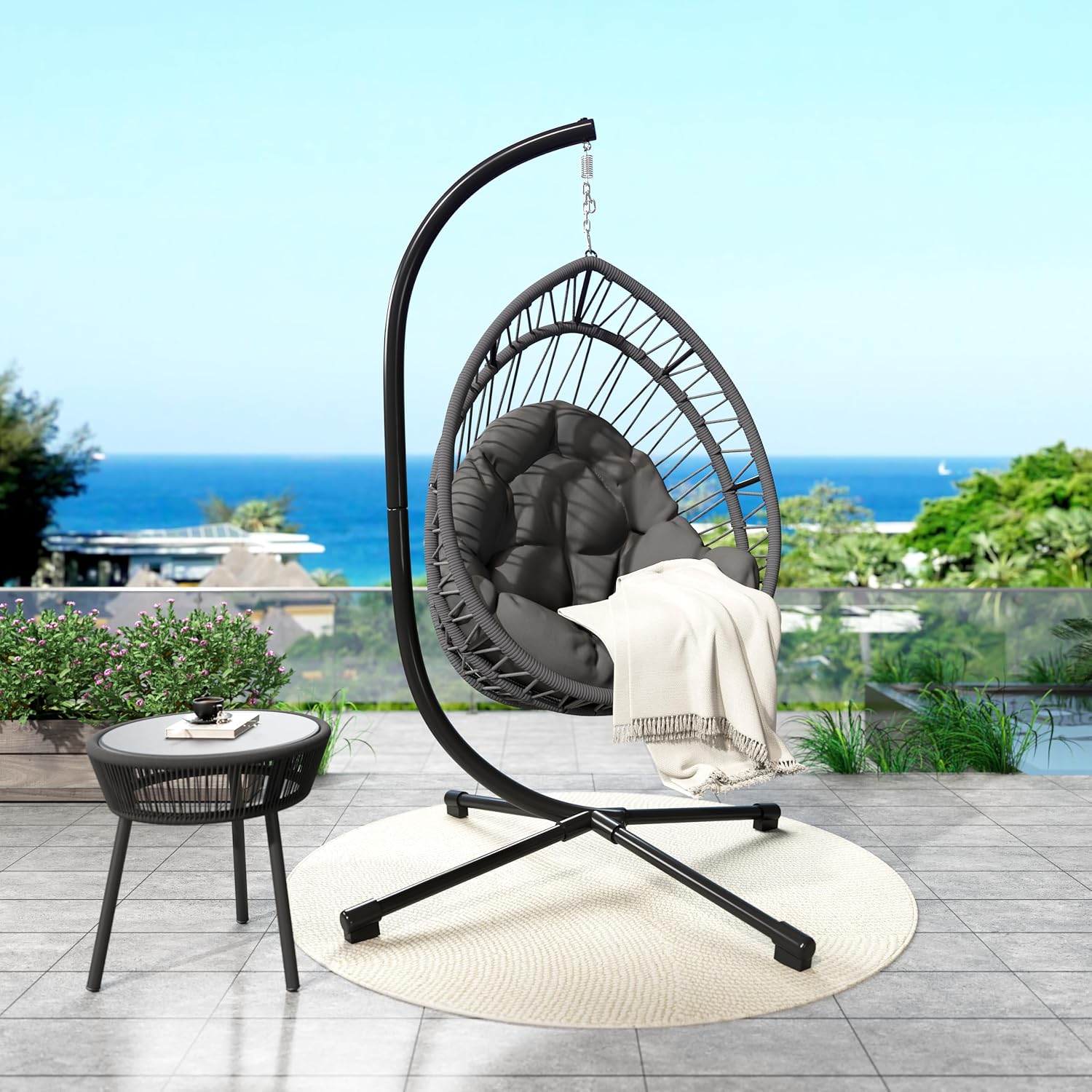 GOWE Outdoor Egg-Shaped Hanging Chair with Stand, Patio Egg-Shaped Swing Chair, Indoor Rocking Chair, Outdoor Hammock Egg-Shaped Chair, Dark Gray