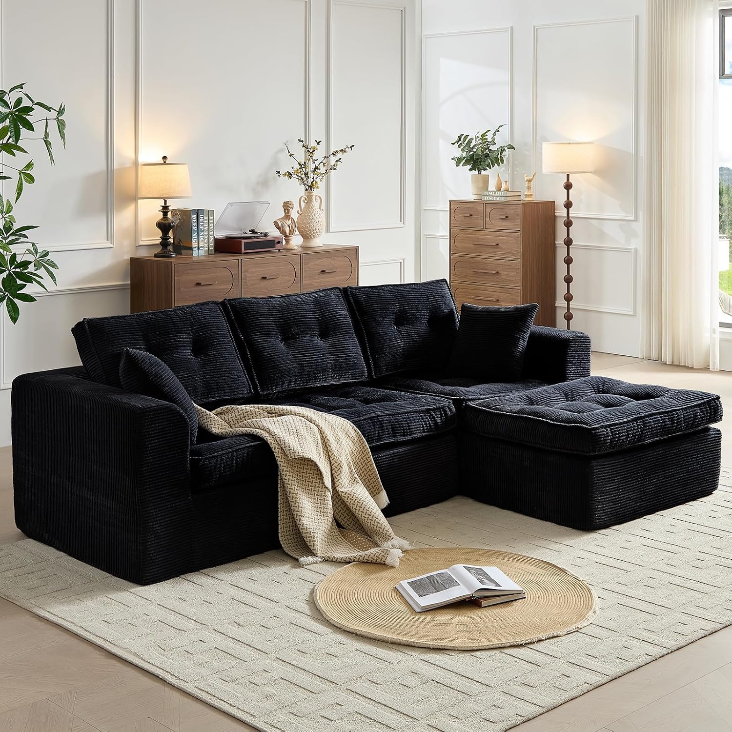 ROXGOX Cloud Couches for Living Room, Modern Modular Sectional Sofa with L-Shape Chaise, Boneless Couch with Deep Seat, Plush Corduroy, No Assembly Required (Black)
