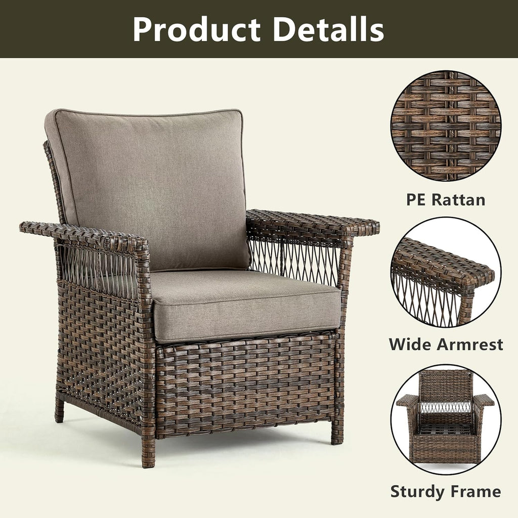 Outdoor Patio Chairs Wicker Chair - 2 Piece Rattan Patio Furniture Chairs Set with Sturdy Frame,All-Weather PE Wicker and Comfortable Cushions for Outside Porch Deck Balcony(Brown/Grey)