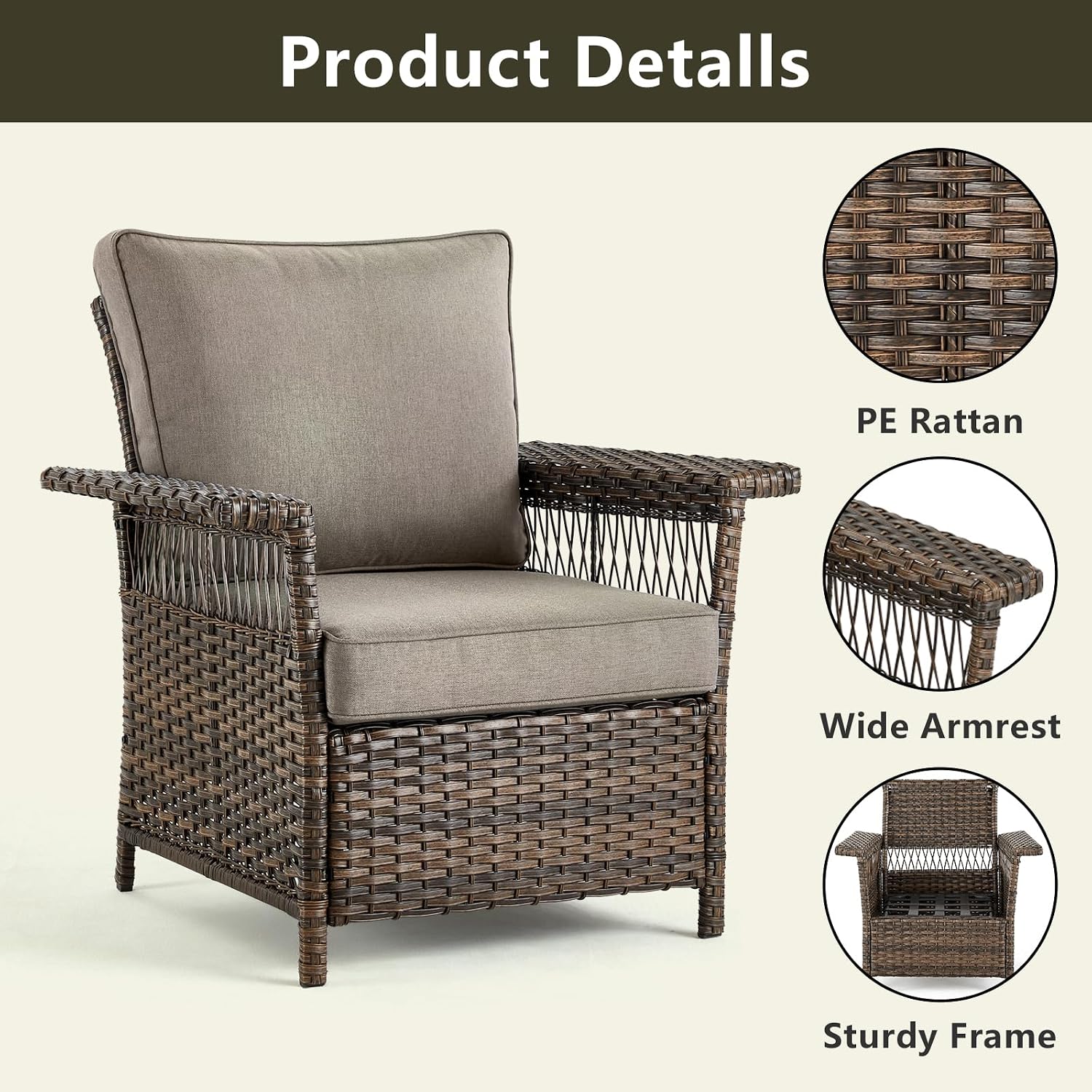Outdoor Patio Chairs Wicker Chair - 2 Piece Rattan Patio Furniture Chairs Set with Sturdy Frame,All-Weather PE Wicker and Comfortable Cushions for Outside Porch Deck Balcony(Brown/Grey)