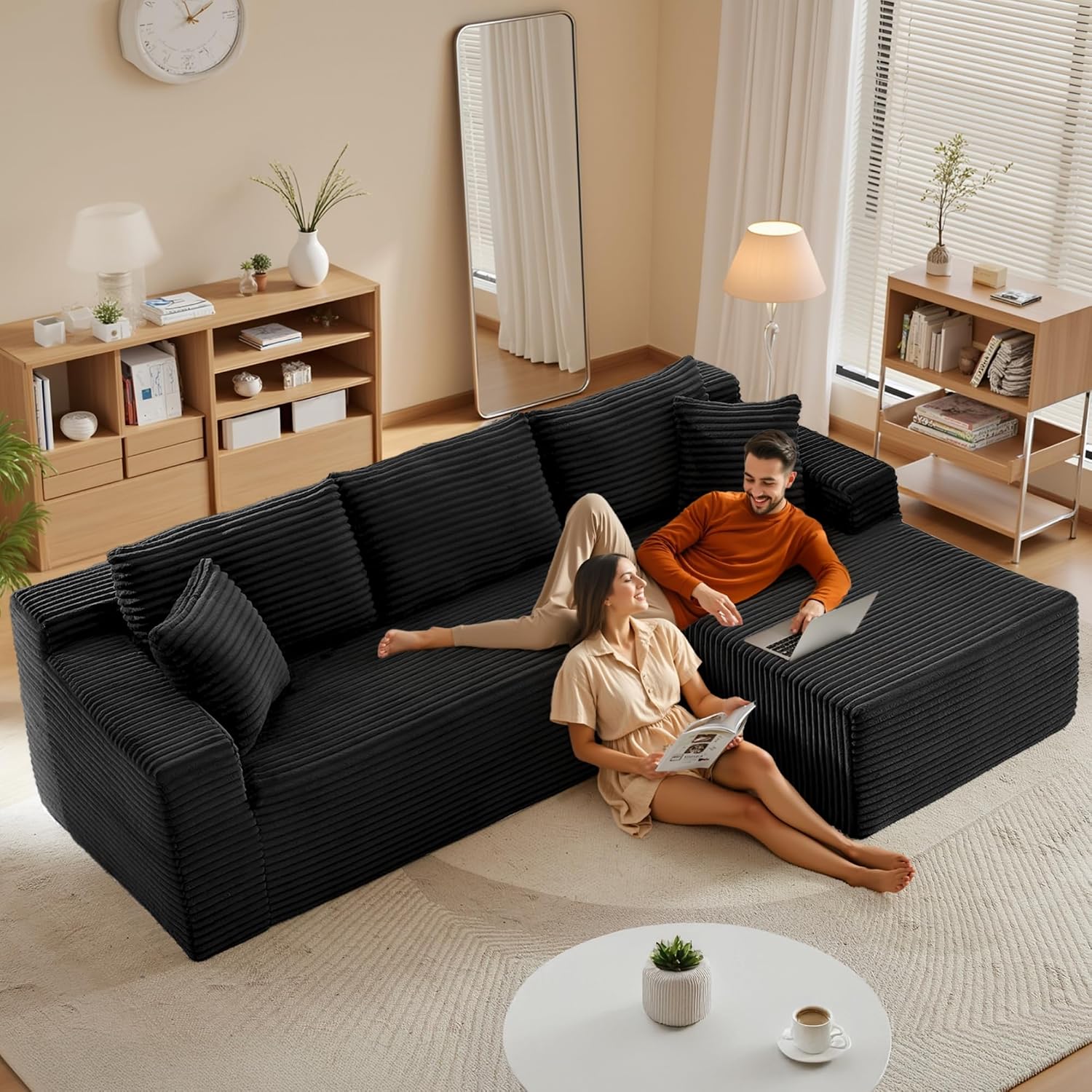96' Sectional Couches for Living Room Cloud Couch Sofa with L-Shape Upholstered Boneless Couchs Modern Modular Sectional Couch with Chaise (Black, 105' W+Right)