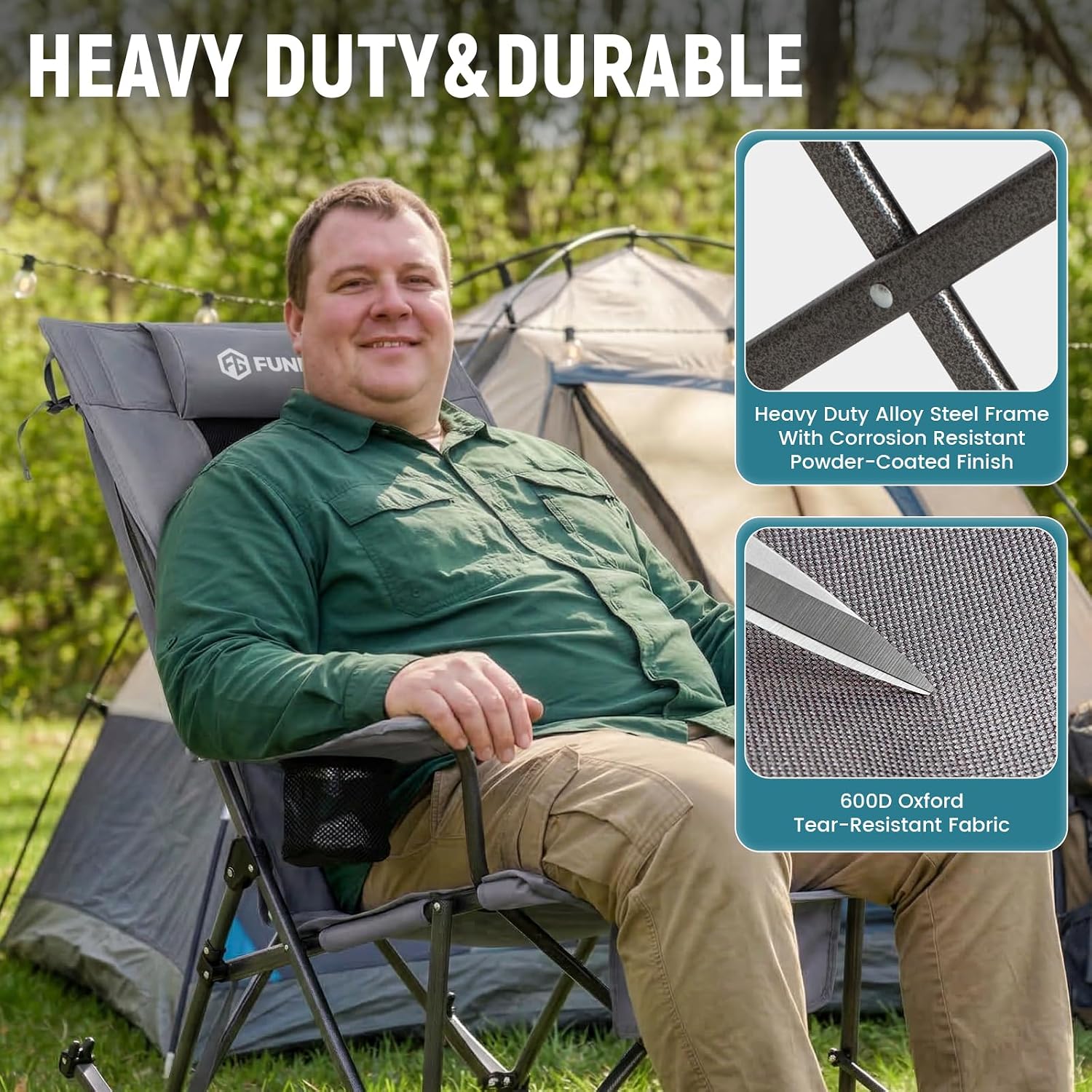 FUNDANGO Oversized Rocking Camping Chair for Adults, 2 Pack High Back Padded Folding Lawn Chairs with Pillows, Wide Armrest, 2 Cup Holders, Carry Bag for Patio Garden Outdoor Supports 440Lbs