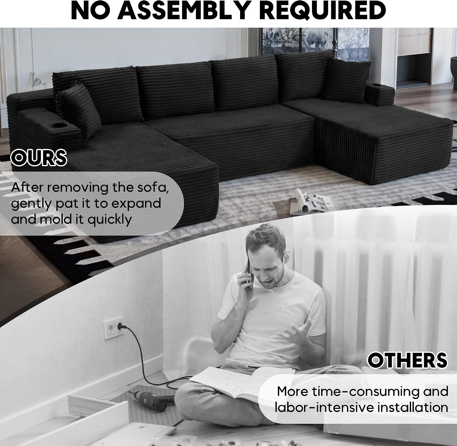 133' Oversized Cloud Boneless Couch with Chaise, Modern Modular Sofa with Deep Seat, Corduroy Upholstered U Shaped Couch for Living Room, No Assembly Required (Black)