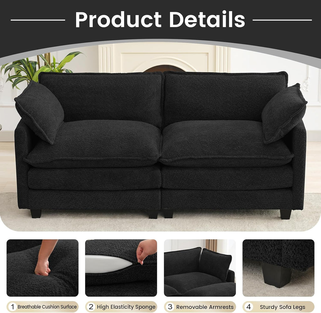 ROWHY Modular Loveseat Sectional Sofa, 78' Upholstered Loveseat, 2 Deep Seat Sofa Couch with 2 Throw Pillows for Small Space, Modern Comfy Cloud Couch for Living Room, Chenille, Black